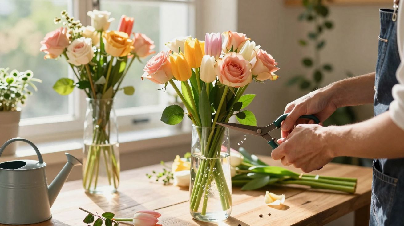 Pessoa corta hastes de flores variadas em vaso de vidro sobre mesa de madeira iluminada por luz natural.