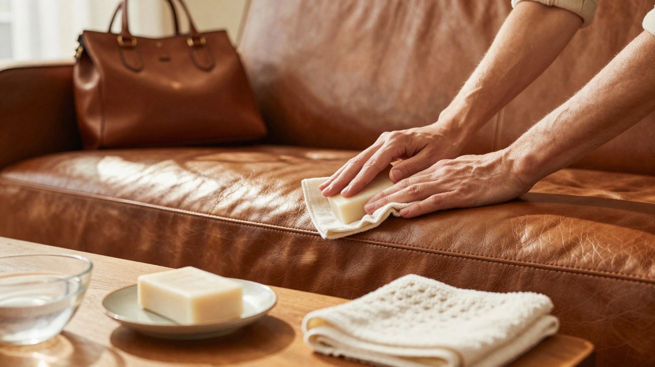 Pessoa limpando sofá de couro marrom com sabão e pano branco, bolsa marrom ao fundo.