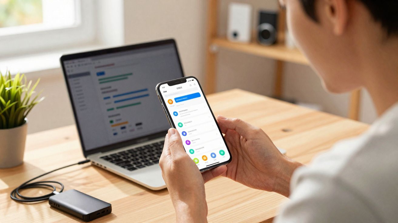 Pessoa usando smartphone com aplicativo aberto, com notebook em mesa de madeira ao fundo em ambiente iluminado.