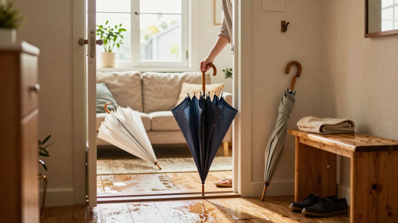 Pessoa segurando guarda-chuva molhado na entrada de casa, com outros guarda-chuvas e sapatos no ambiente.
