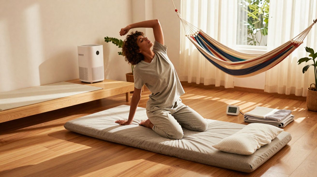 Mulher sentada em colchão cinza, espreguiçando-se em sala iluminada com rede colorida e plantas.