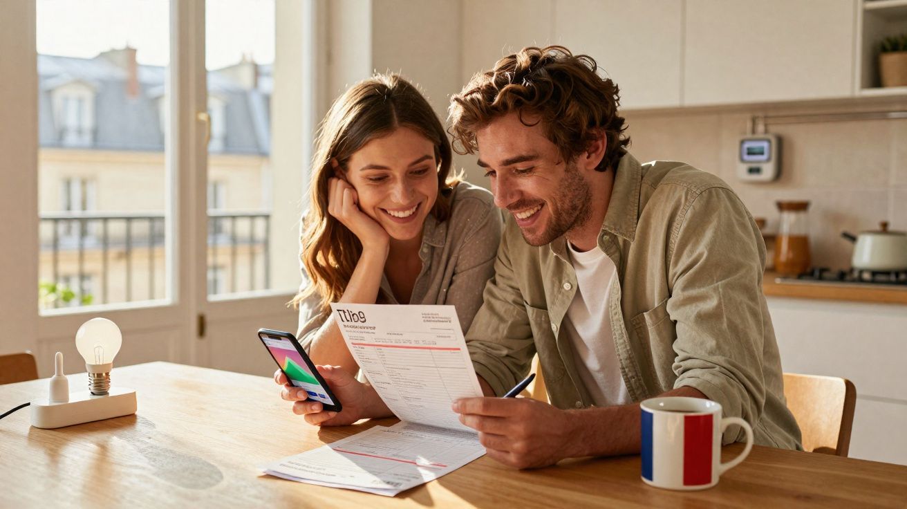 Casal sorridente consulta conta de luz enquanto está sentado à mesa da cozinha iluminada.