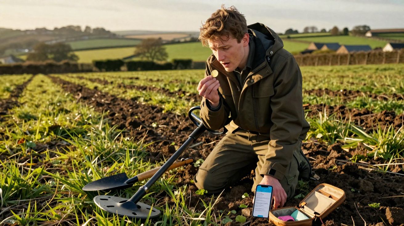 Homem ajoelhado em campo usando detector de metais e segurando moeda com celular ao lado.