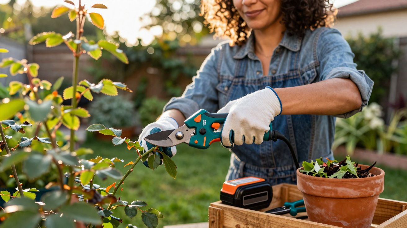Mulher com luvas poda arbusto usando tesoura elétrica em jardim ao ar livre durante o dia.