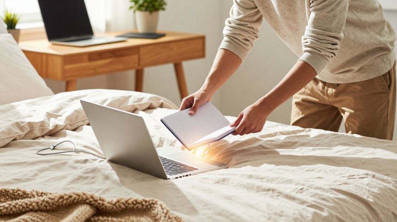 Pessoa segurando caderno aberto diante de notebook sobre cama em ambiente de trabalho caseiro iluminado.