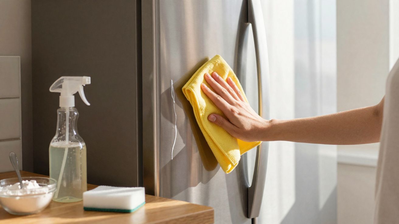 Pessoa limpando a porta de geladeira inox com pano amarelo ao lado de spray e esponja na cozinha.