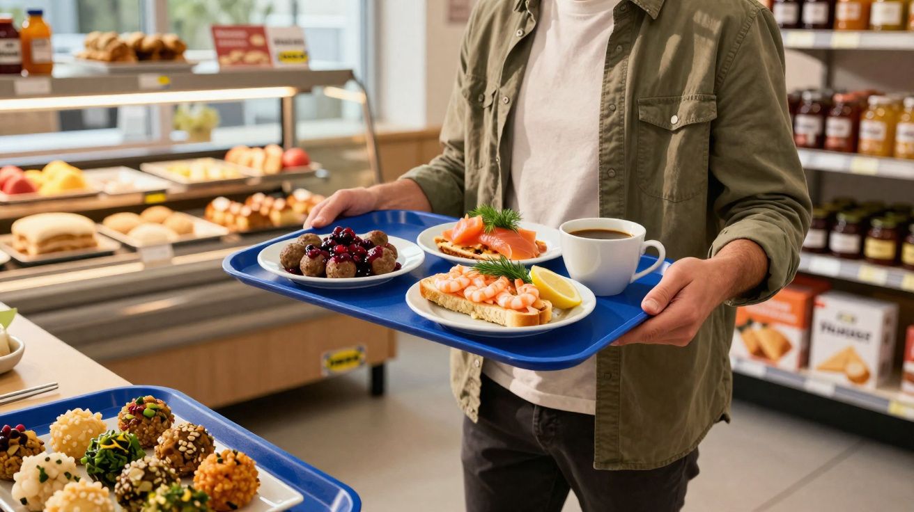 Pessoa segurando bandeja azul com café, torrada de camarão e bolinhos em lanchonete ou mercado.