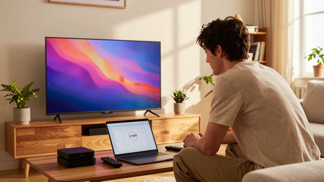 Homem sentado no sofá usando laptop com TV e plantas em móvel de madeira ao fundo.