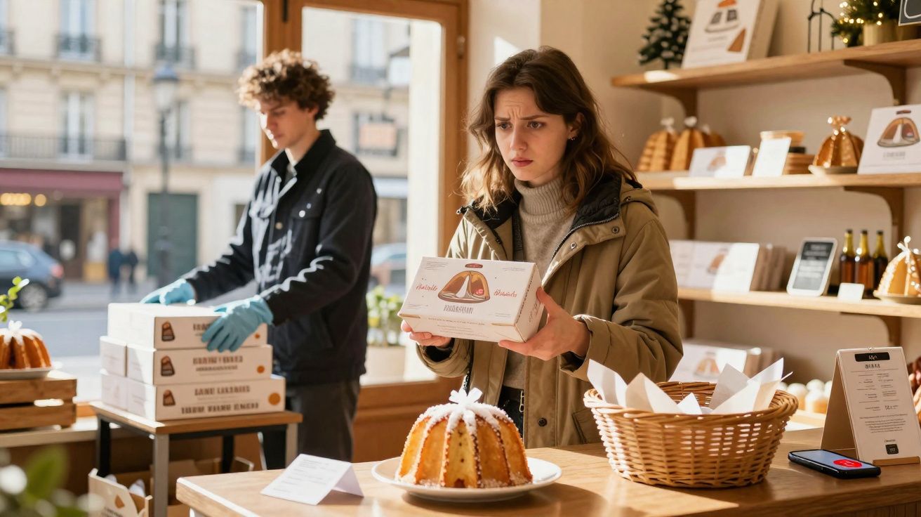 Mulher com expressão preocupada segurando caixa em loja de bolos, homem organizando caixas ao fundo.