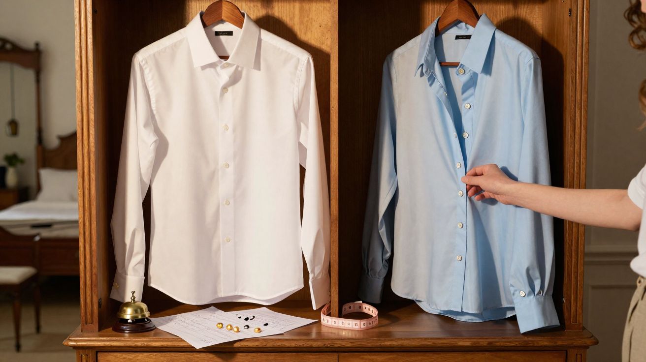 Duas camisas sociais, branca e azul clara, penduradas em armário de madeira com mão ajustando a camisa azul.