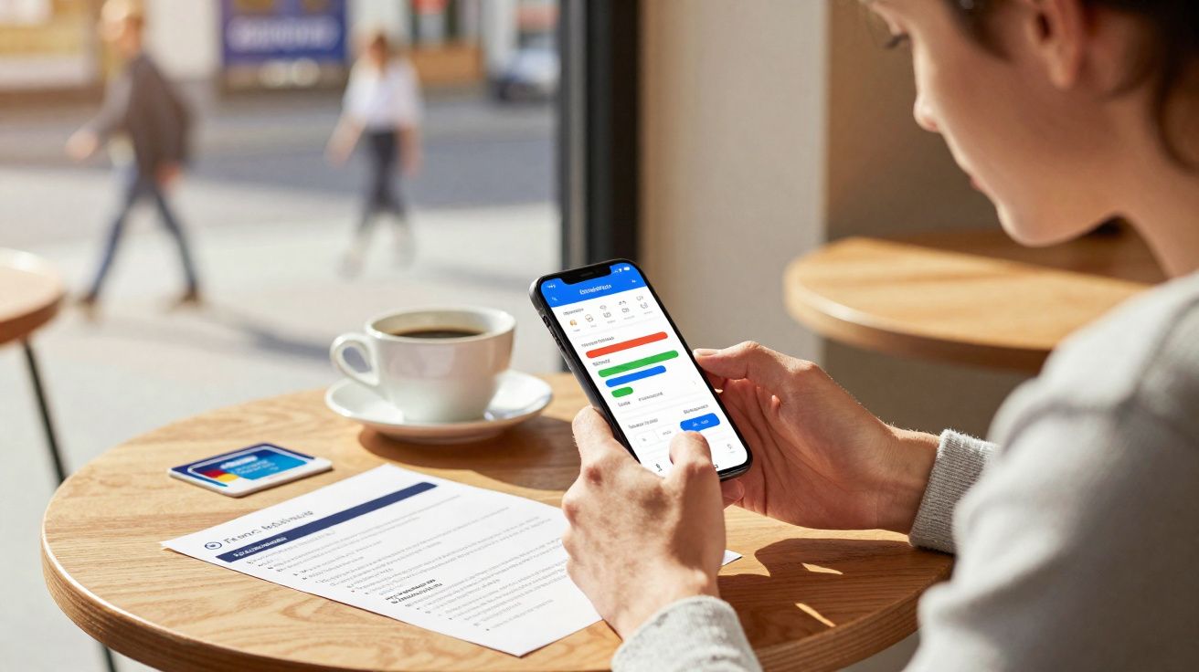 Pessoa usando smartphone com aplicativo financeiro em mesa de café com documento e xícara de café.