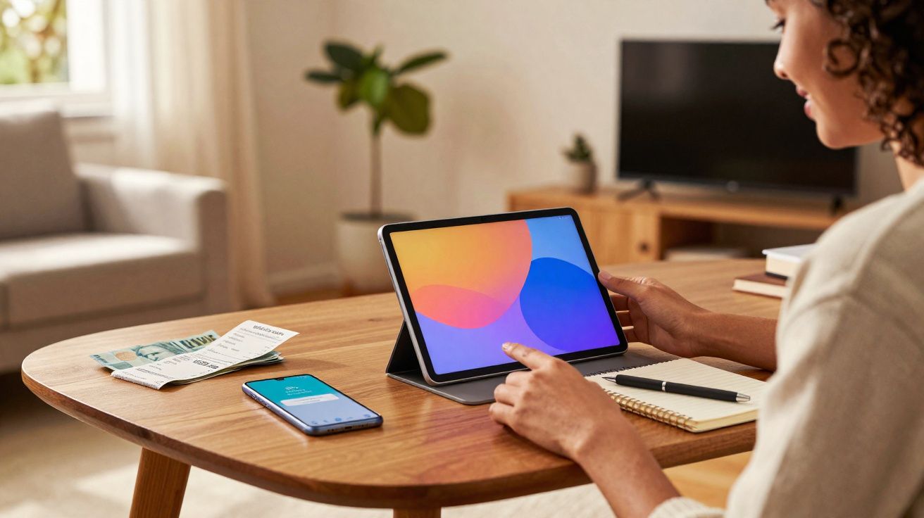 Pessoa usando tablet em mesa de madeira com celular, caderno, caneta e contas em ambiente interno iluminado.