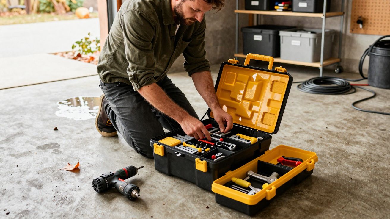 Homem agachado organizando ferramentas em caixa preta e amarela em garagem com furadeira ao lado.