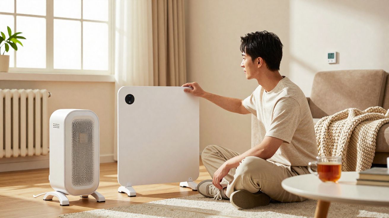 Homem sentado no chão ajustando aparelho de aquecimento em sala de estar iluminada.
