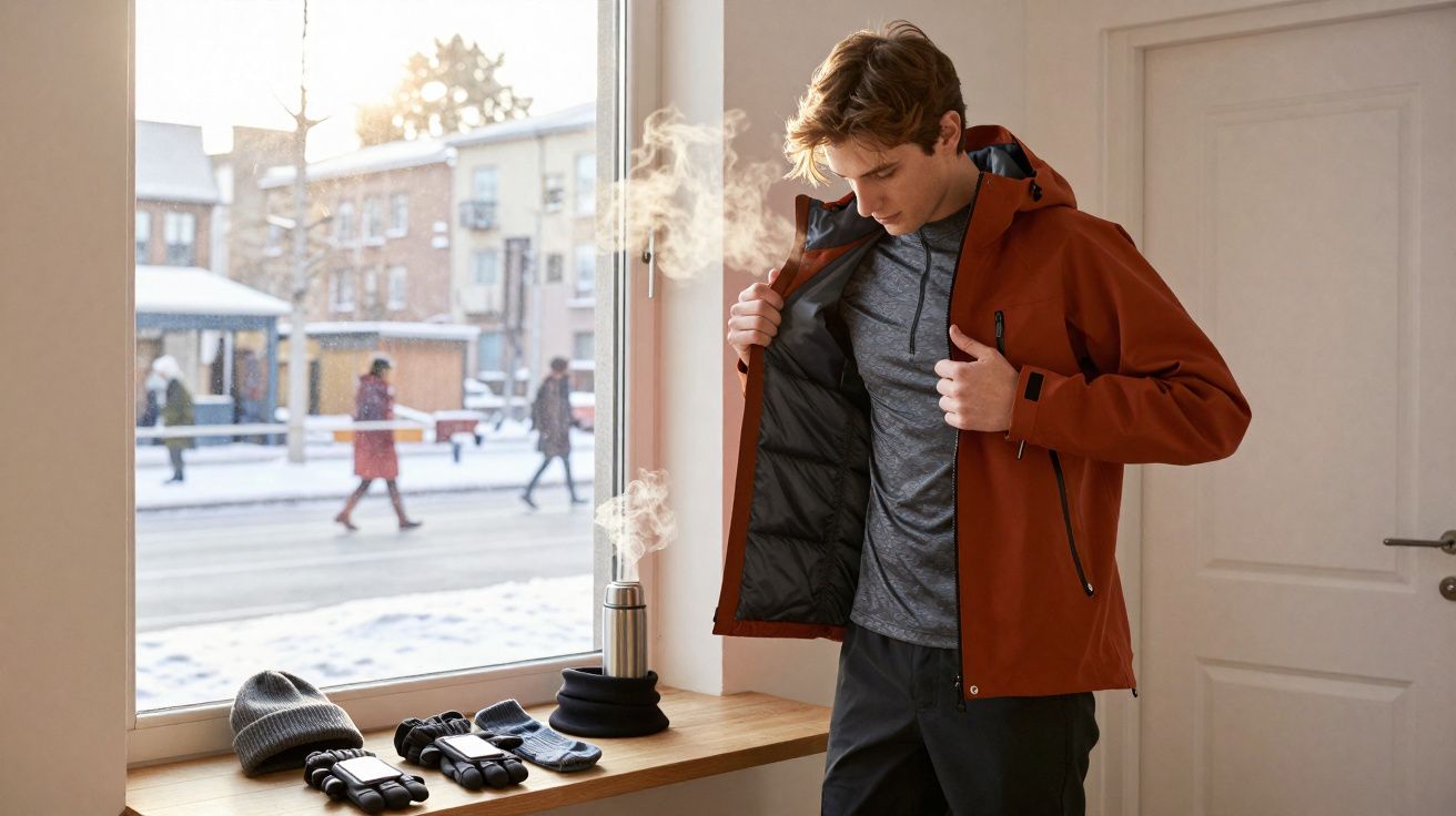 Jovem veste jaqueta laranja ao lado de janela com neve do lado de fora e acessórios sobre o banco.