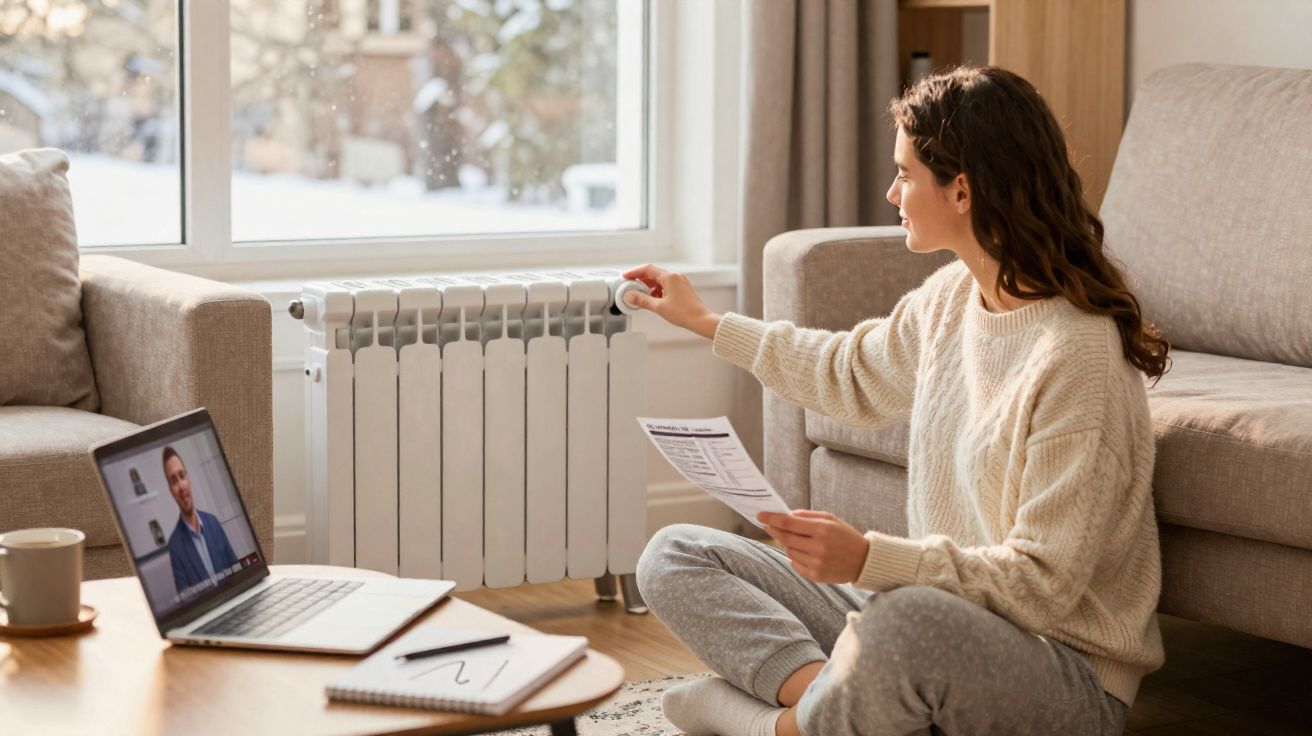 Mulher ajusta termostato de aquecedor em sala, com laptop e documentos à sua frente.