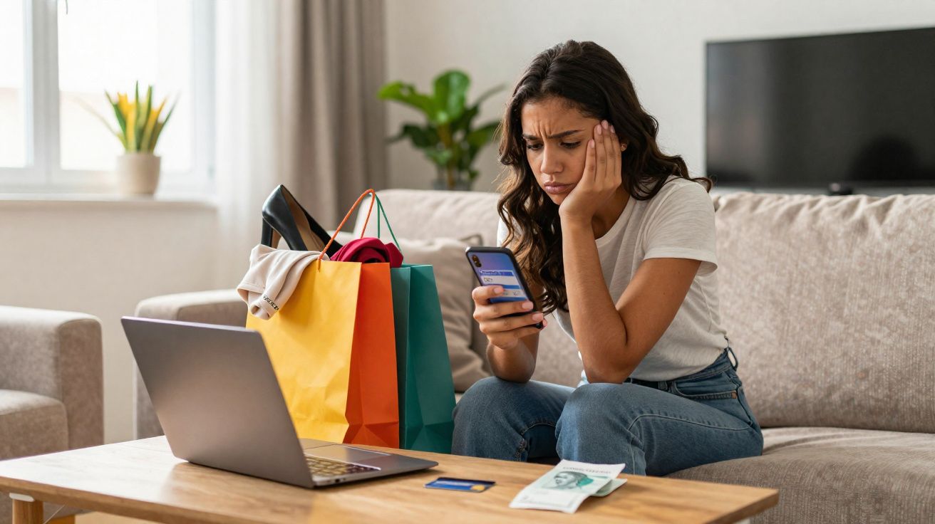 Mulher sentada no sofá com expressão preocupada, olhando para o celular, sacolas de compras e notebook na mesa.