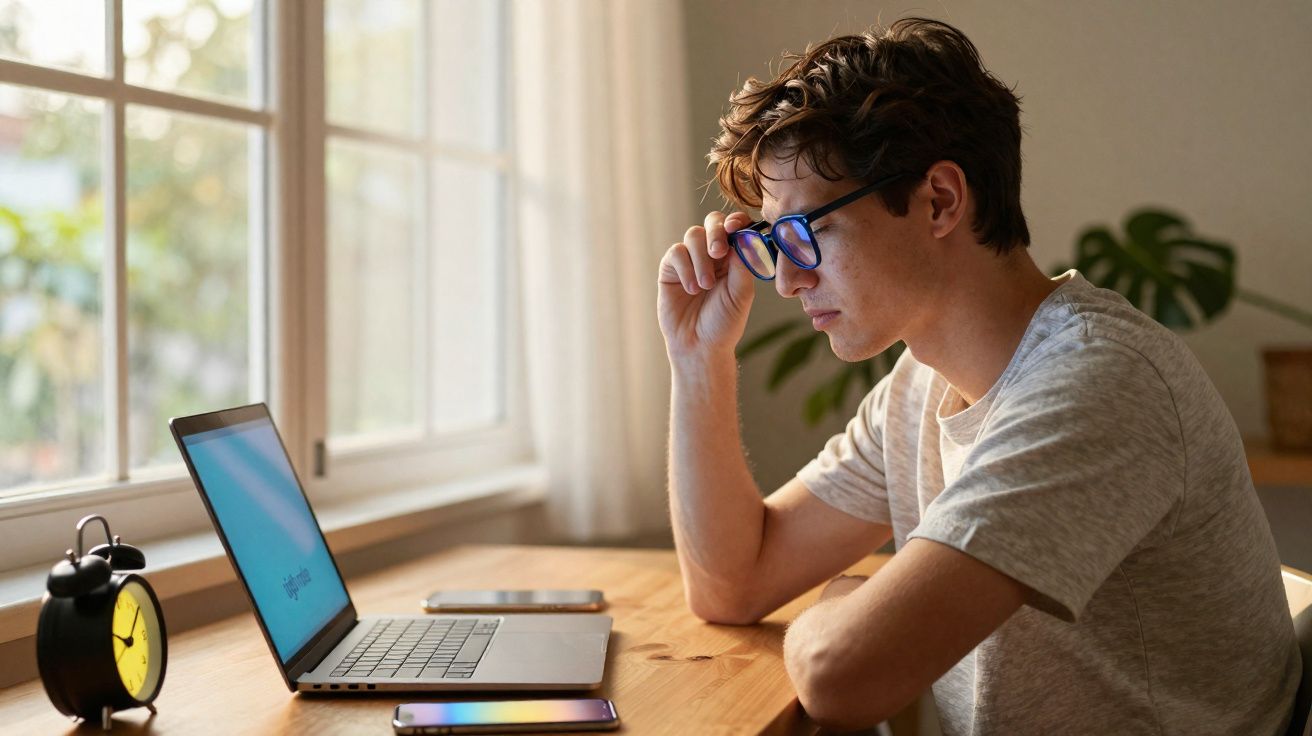 Jovem com óculos azuis olhando concentrado para tela de laptop em mesa perto de janela com relógio e celular.