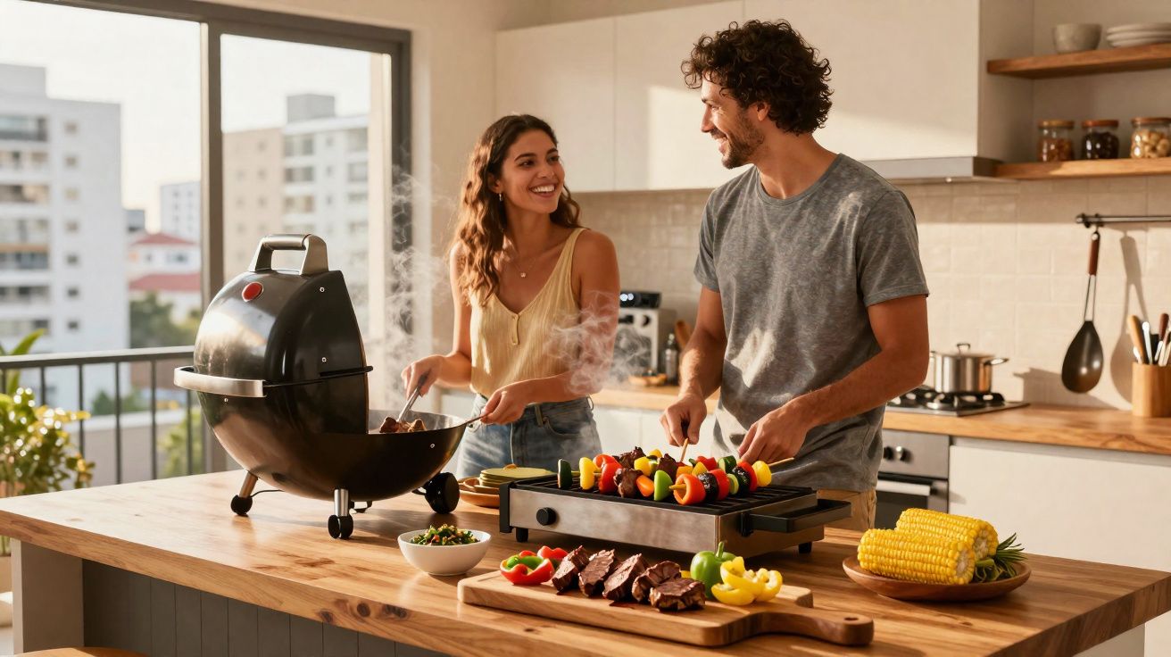 Casal jovem preparando churrasco com legumes e carnes em cozinha moderna ensolarada.