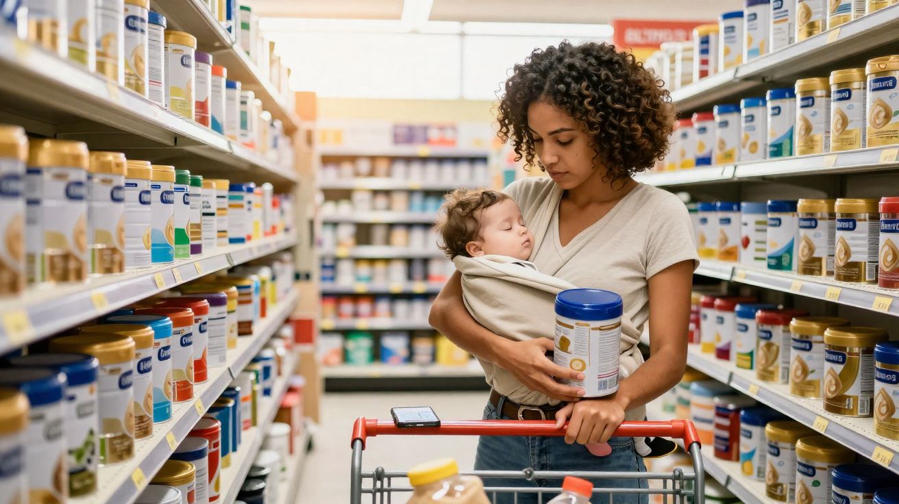 Mulher segurando bebê e segurando lata de fórmula em corredor de supermercado.
