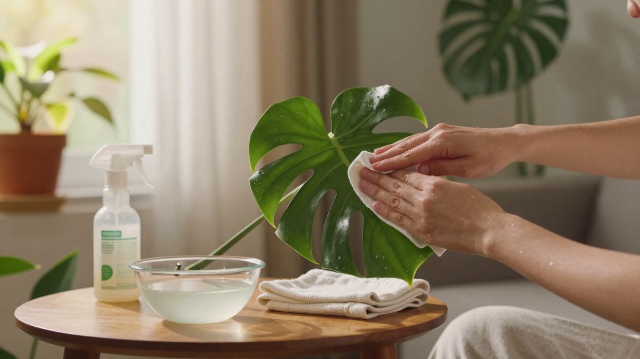Mãos limpando folha de planta Monstera com pano úmido sobre mesa com produtos de limpeza.