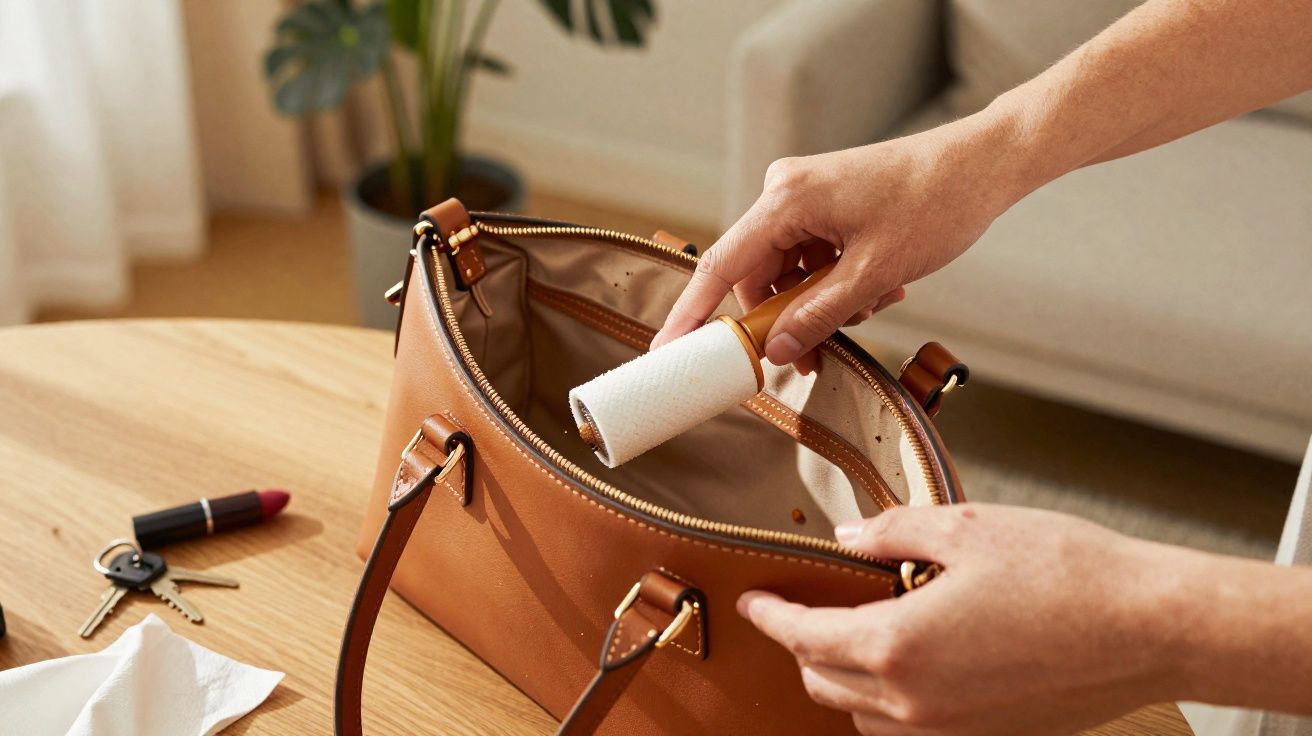 Mãos femininas retirando um rolo de adesivo para fiapos de uma bolsa marrom sobre uma mesa de madeira.