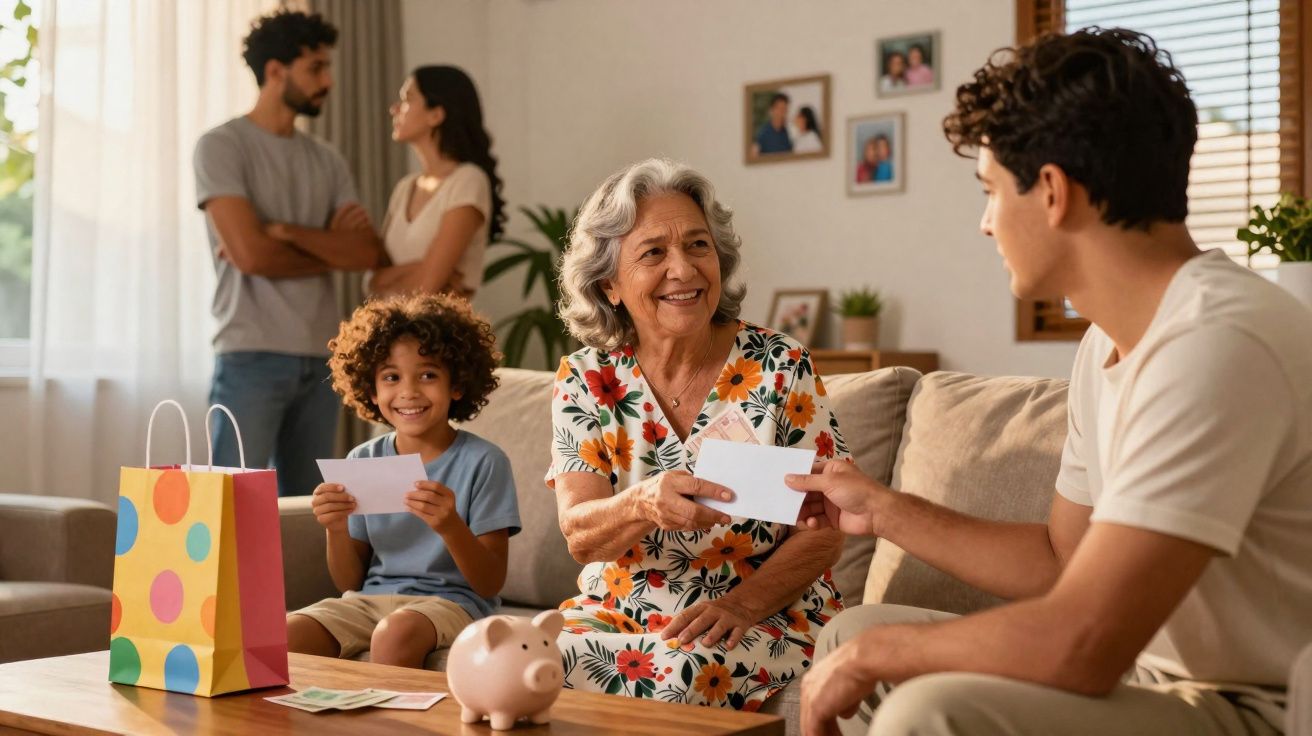 Família reunida em sala, avó entrega envelope a jovem, criança sorri segurando papel, casal conversa ao fundo.