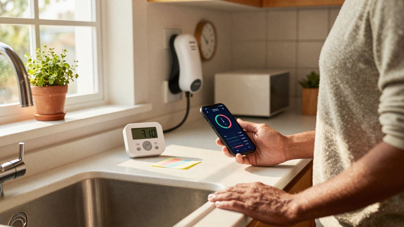 Pessoa segurando celular com aplicativo aberto na cozinha perto da pia com planta e timer digital.