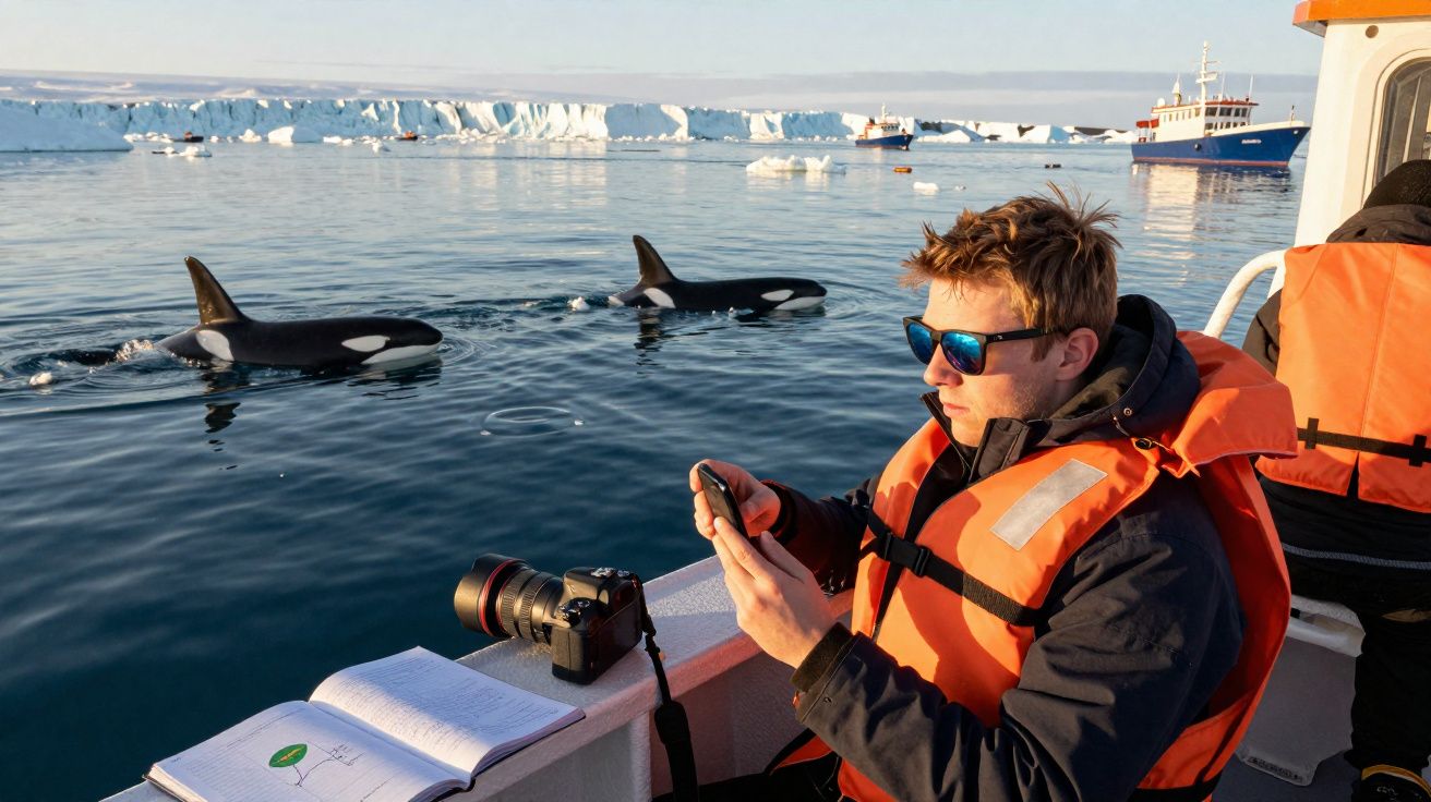 Homem de colete salva-vidas observa orcas nadando próximo a barco em ambiente polar com icebergues ao fundo.