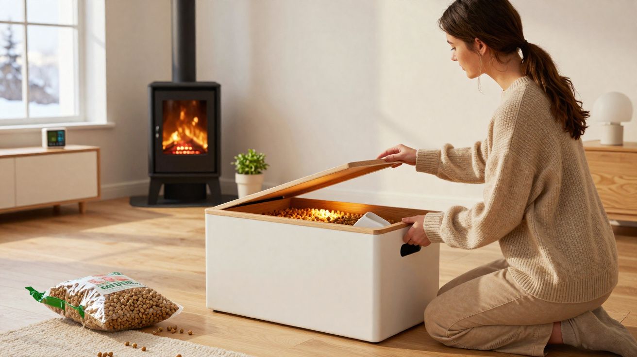 Mulher abrindo caixa organizadora de grãos em sala com lareira e decoração minimalista.