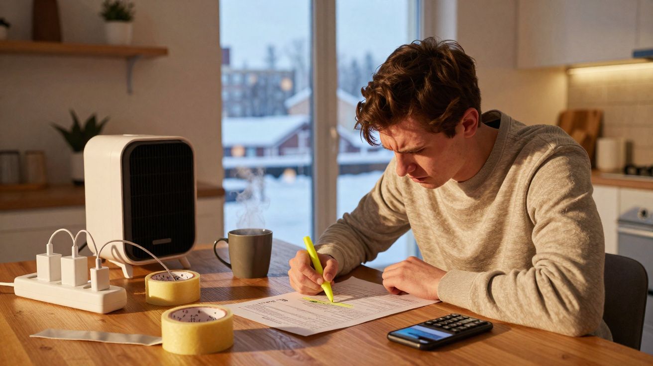 Homem sentado à mesa iluminada, usando marcador amarelo para revisar documento em ambiente interno.