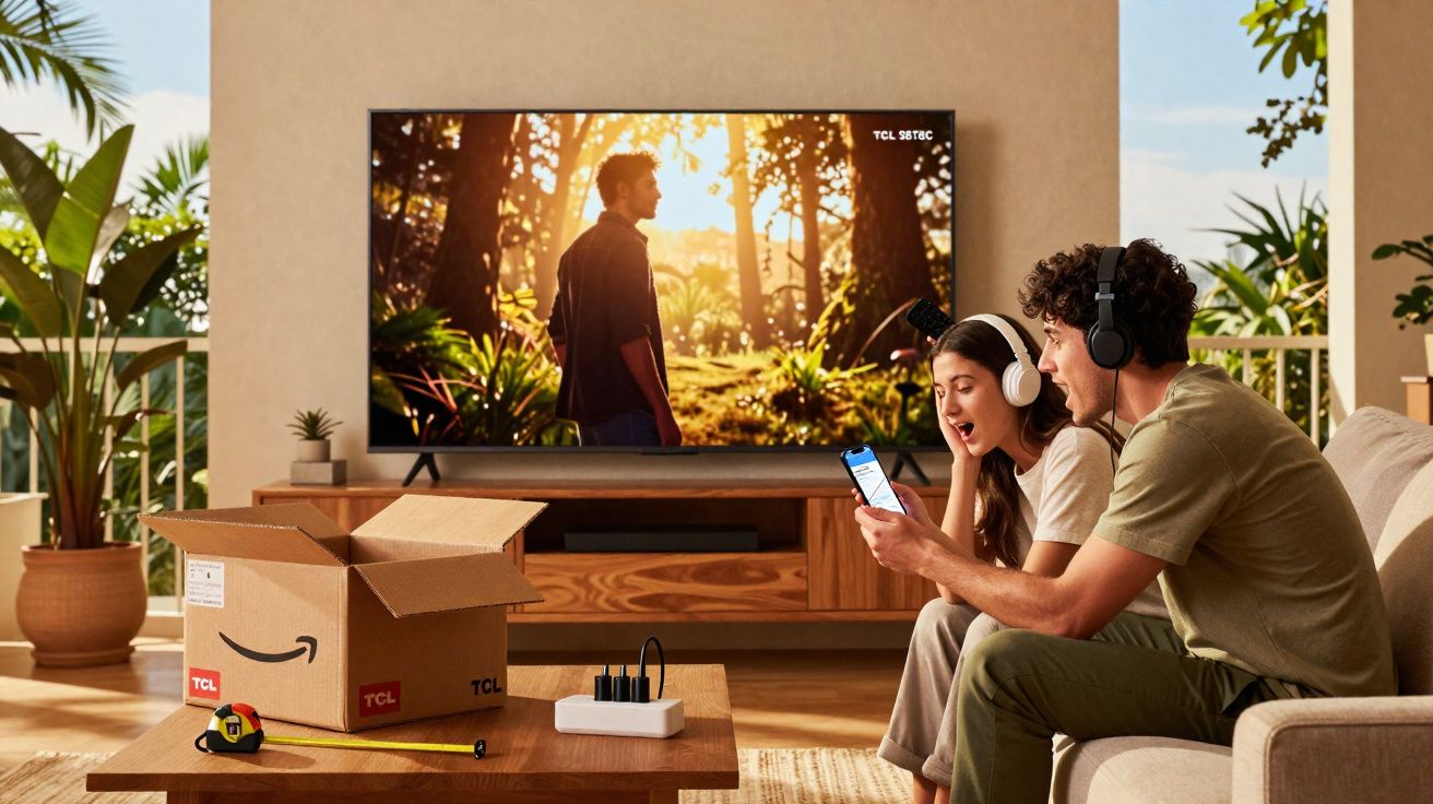 Casal jovem sentado no sofá com fones de ouvido assistindo TV em sala com caixa da Amazon na mesa.