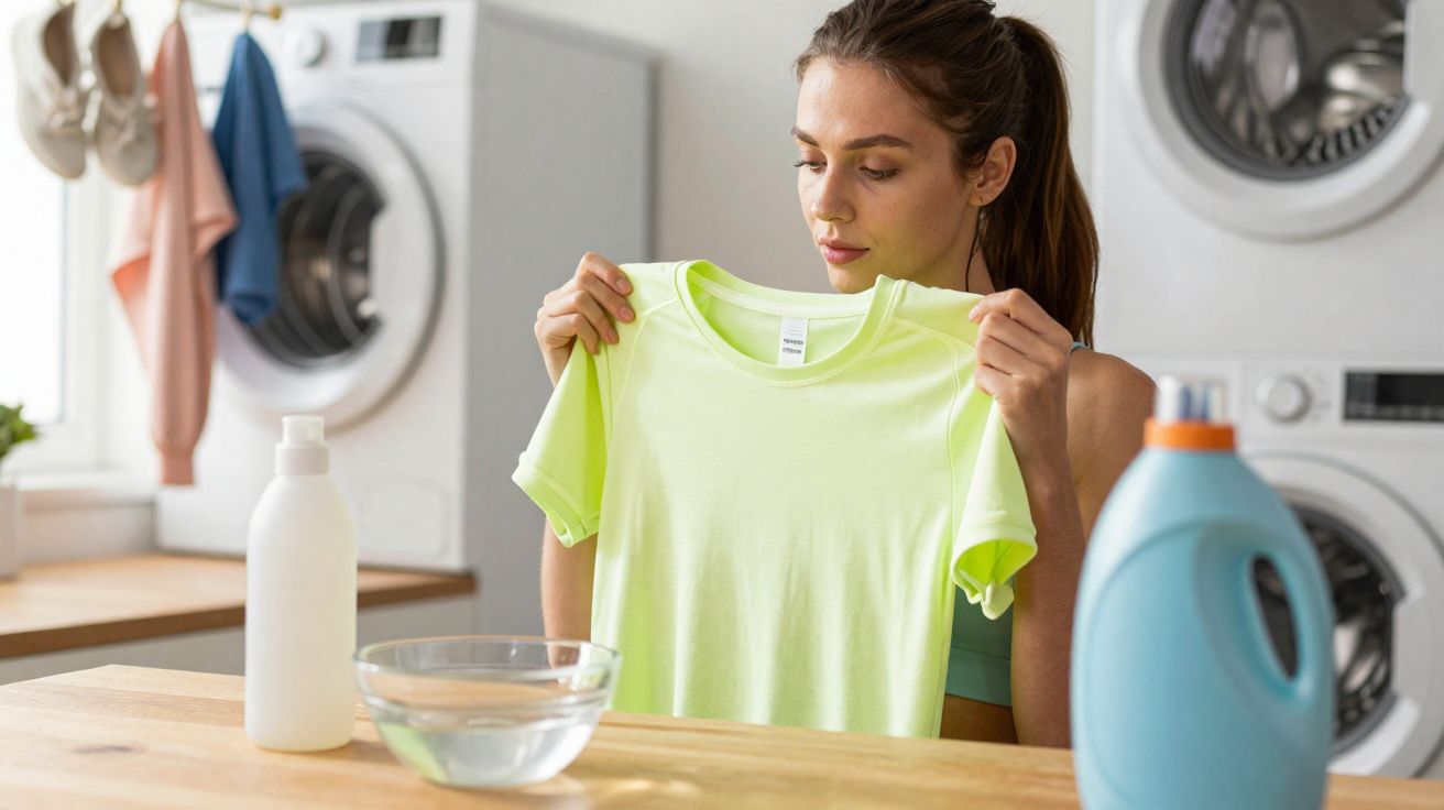Mulher inspeciona camiseta verde em lavanderia com máquina de lavar, detergente e tigela com água na mesa.