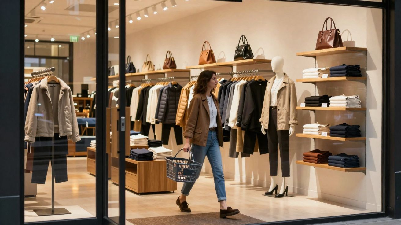 Mulher caminhando com cesta de compras em loja de roupa feminina com manequim e jaquetas expostas.