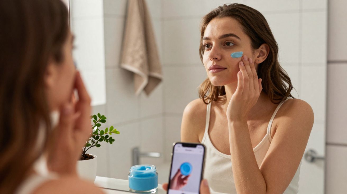 Mulher aplicando creme azul no rosto, olhando no espelho e segurando celular com foto do creme.