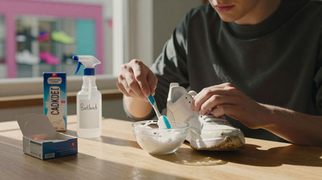 Pessoa limpando tênis branco com escova, creme e spray sobre mesa de madeira iluminada pela luz natural.