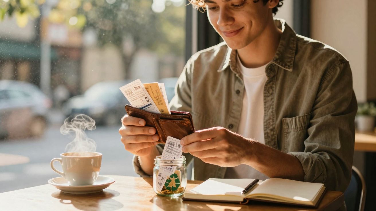 Jovem sentado em cafeteria segurando carteira com ingressos, mesa com café quente, pote e caderno aberto.