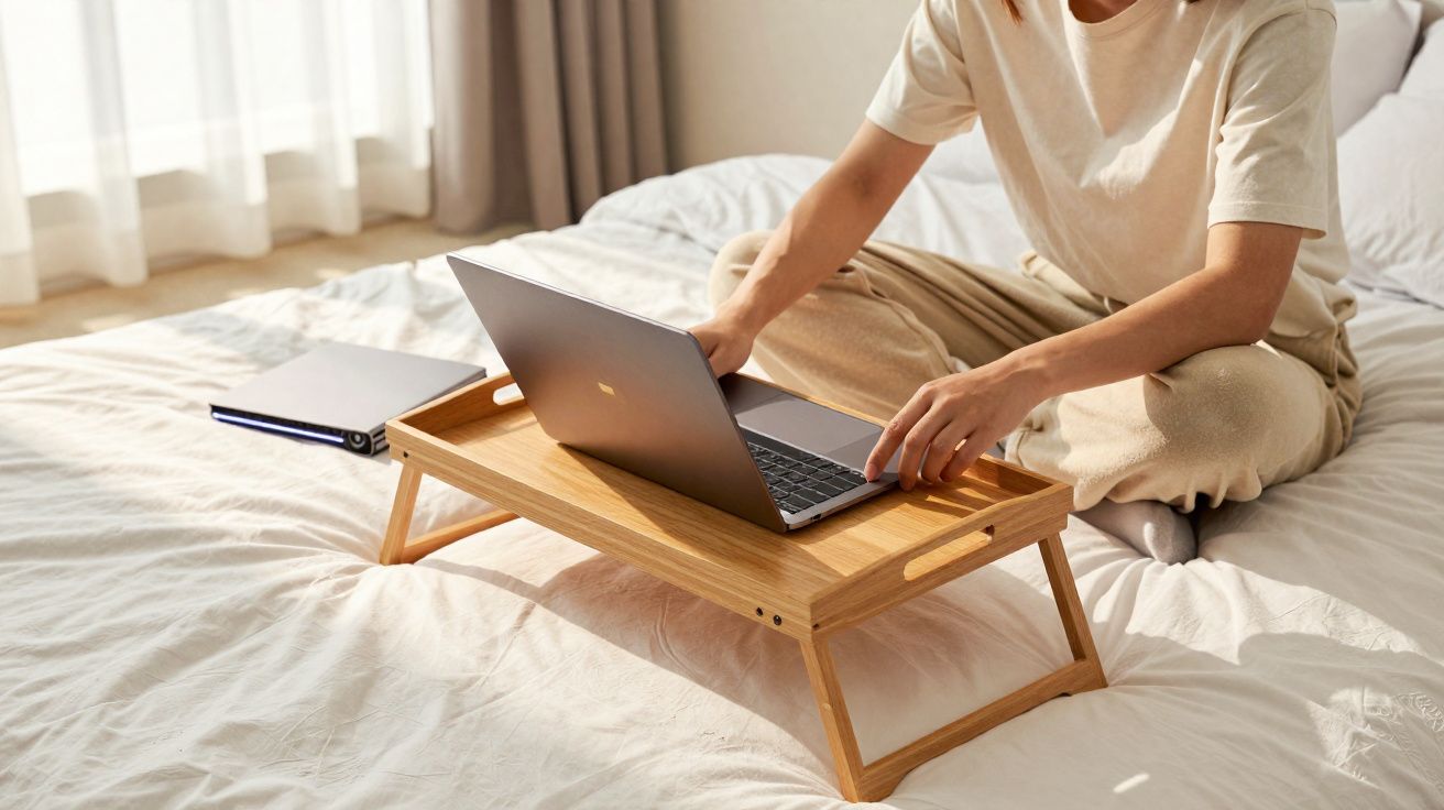Pessoa usando notebook sobre bandeja de madeira dobrável em cama com luz natural entrando pela janela.