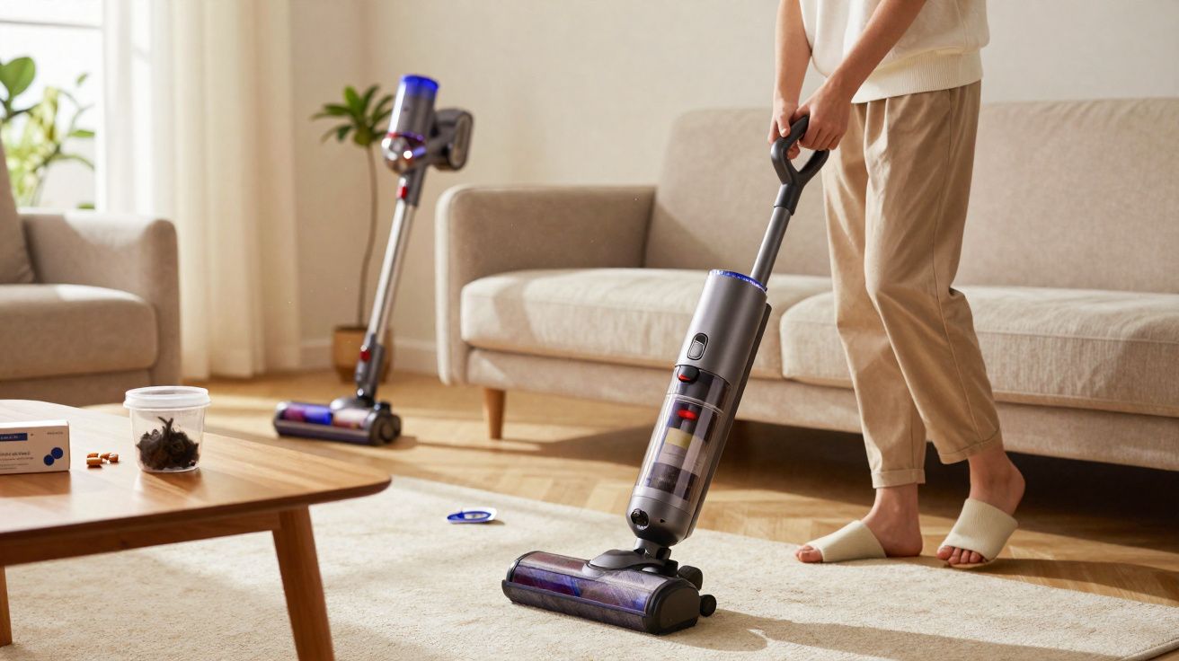 Pessoa limpando tapete da sala com aspirador vertical sem fio, sofá e mesa de centro ao fundo.