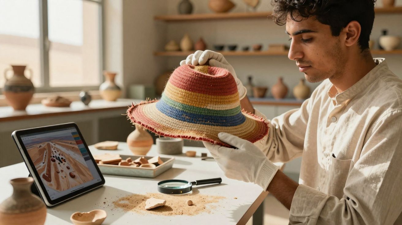 Jovem arqueólogo usando luvas examina chapéu colorido em laboratório com tablet e fragmentos ao redor.