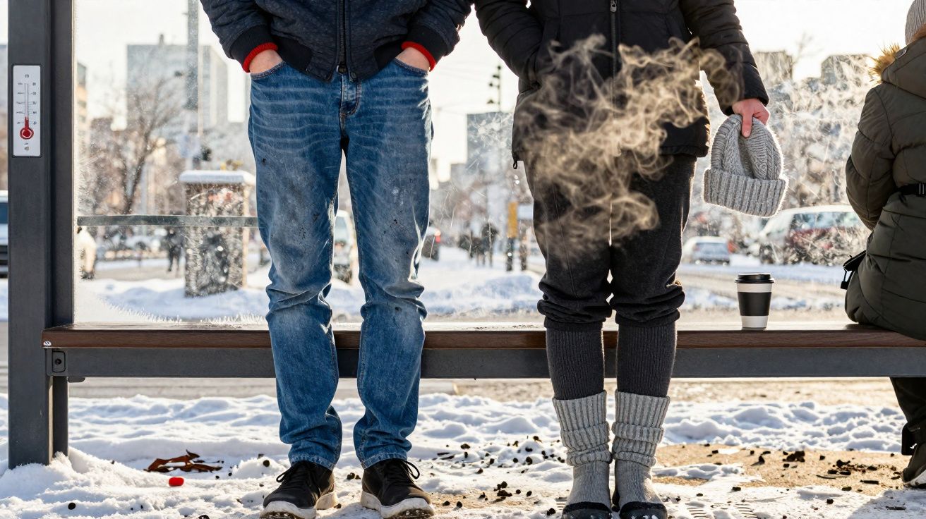 Pessoas agasalhadas esperando no ponto de ônibus com neve no chão e vapor visível no ar frio.