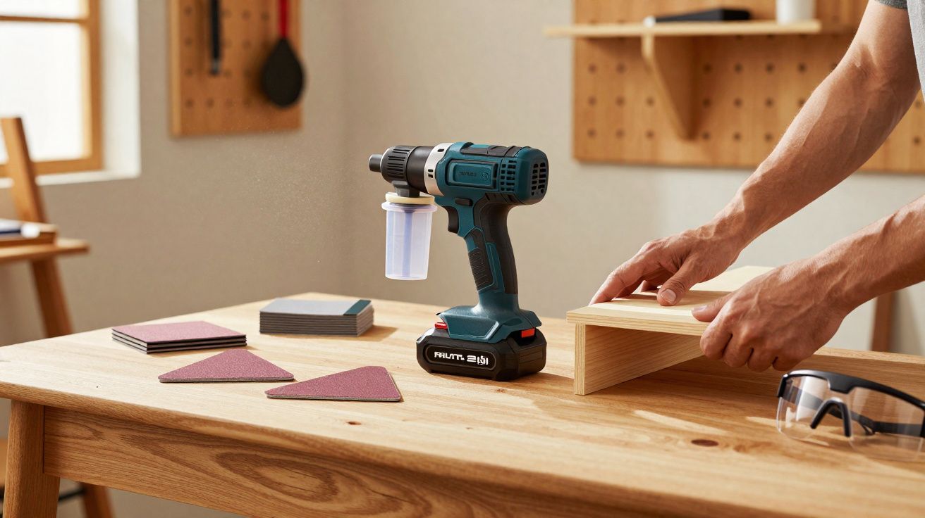 Pessoa segurando uma peça de madeira sobre mesa com furadeira e acessórios para marcenaria.