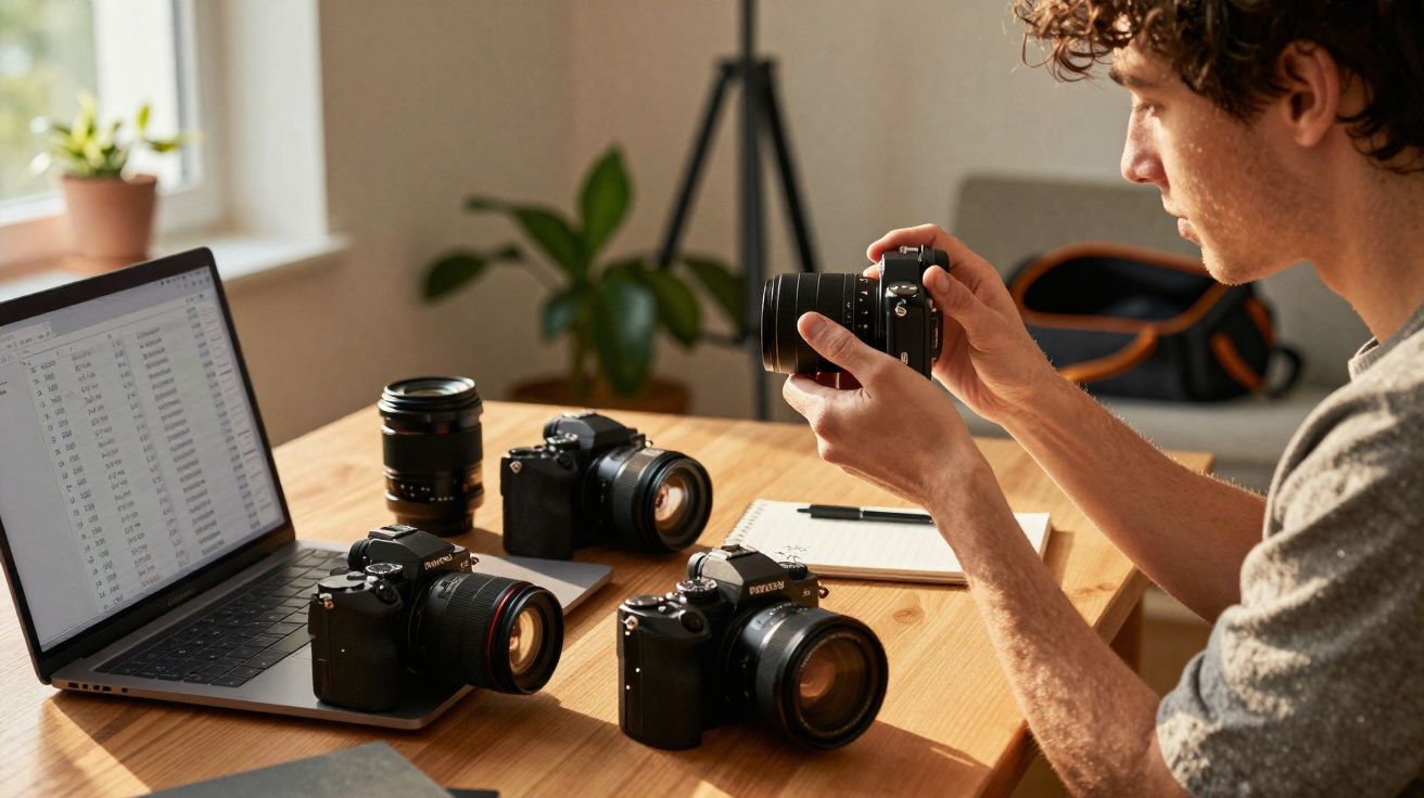 Jovem examinando câmera fotográfica em mesa com outras câmeras, lentes, notebook e bloco de notas.