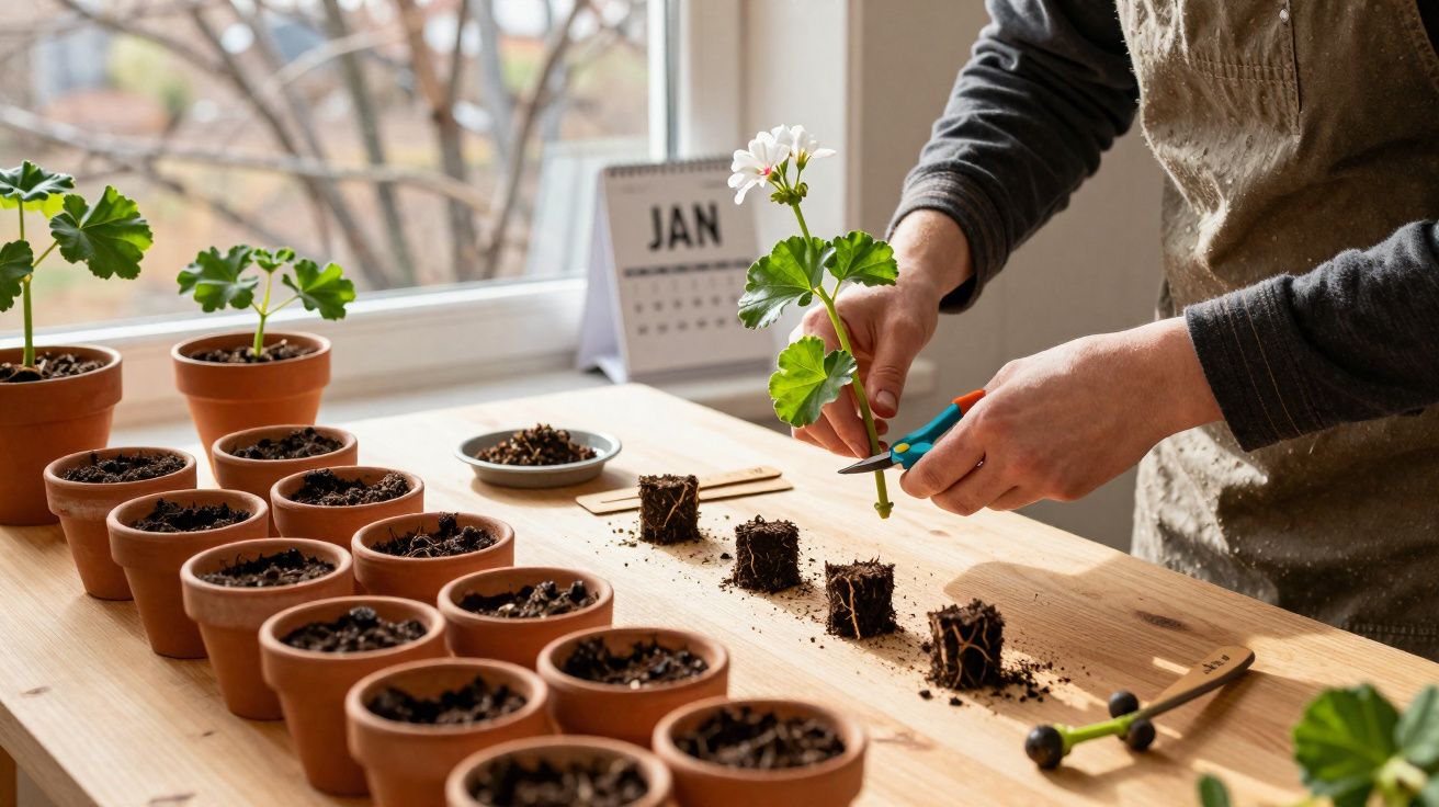 Pessoa transplantando muda de planta em vasos de barro sobre mesa com luz natural ao fundo.