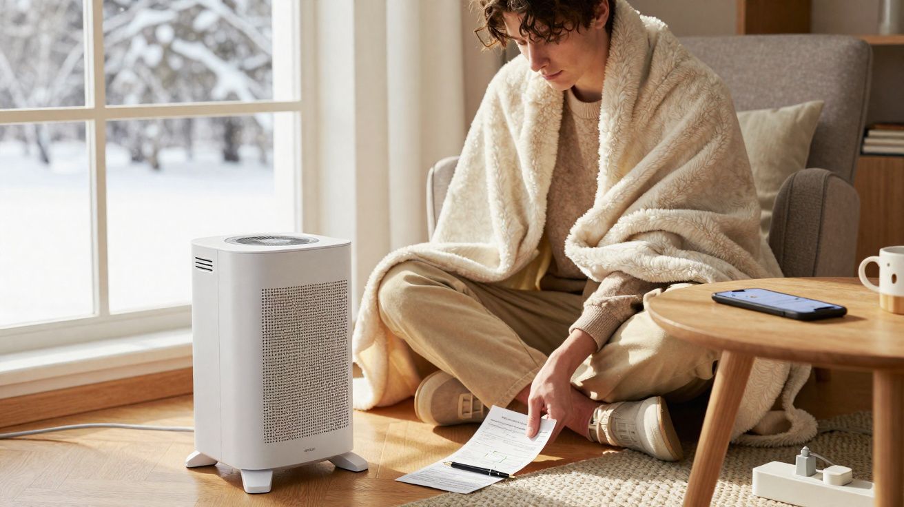 Pessoa sentada no chão com cobertor ao lado de aquecedor elétrico próximo à janela em dia de neve.