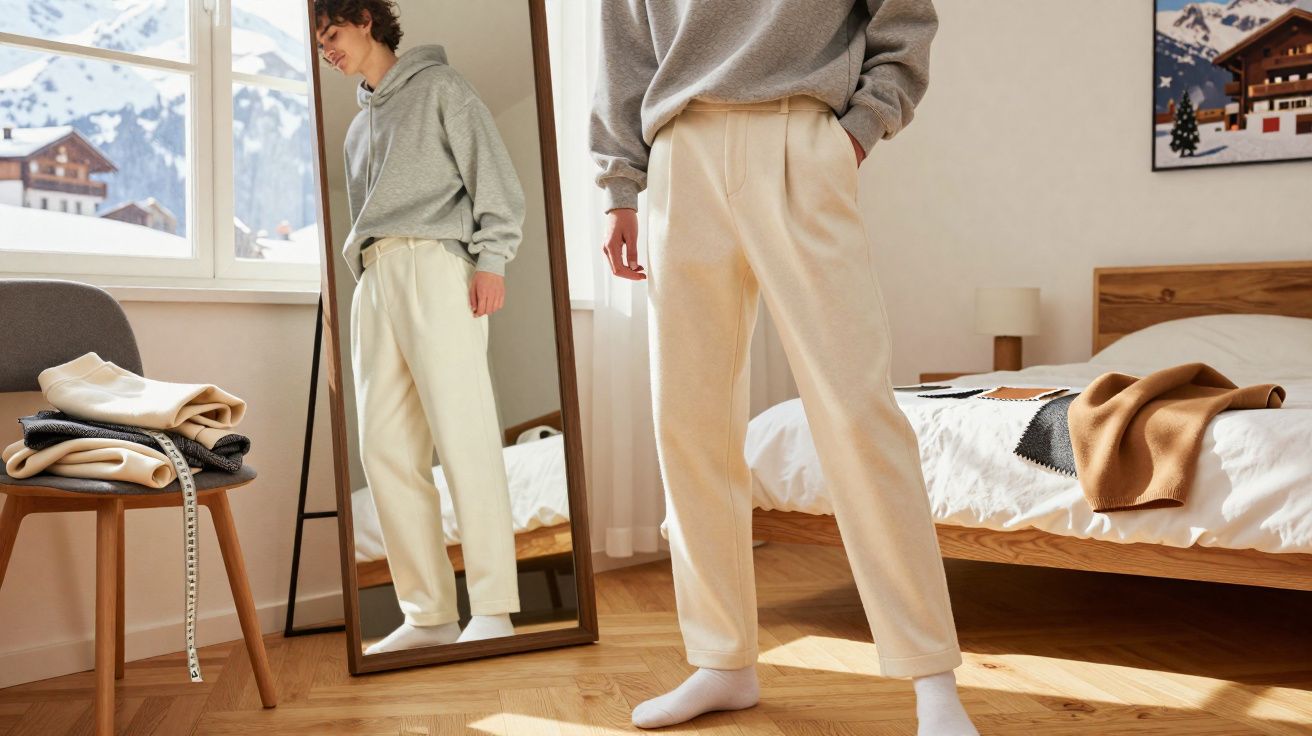 Pessoa vestindo moletom cinza e calça clara observa seu reflexo em um espelho no quarto iluminado.