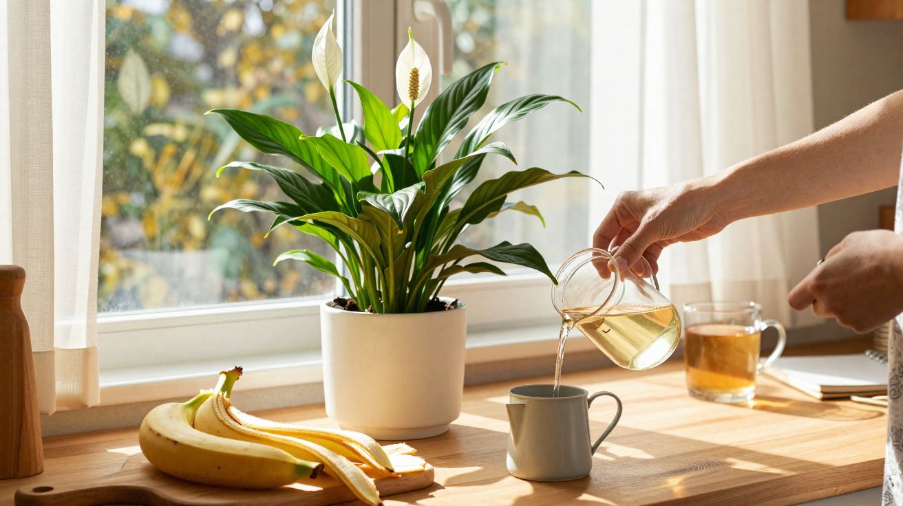 Mãos servindo chá em xícara ao lado de bananeira descascada e planta branca na cozinha ensolarada.