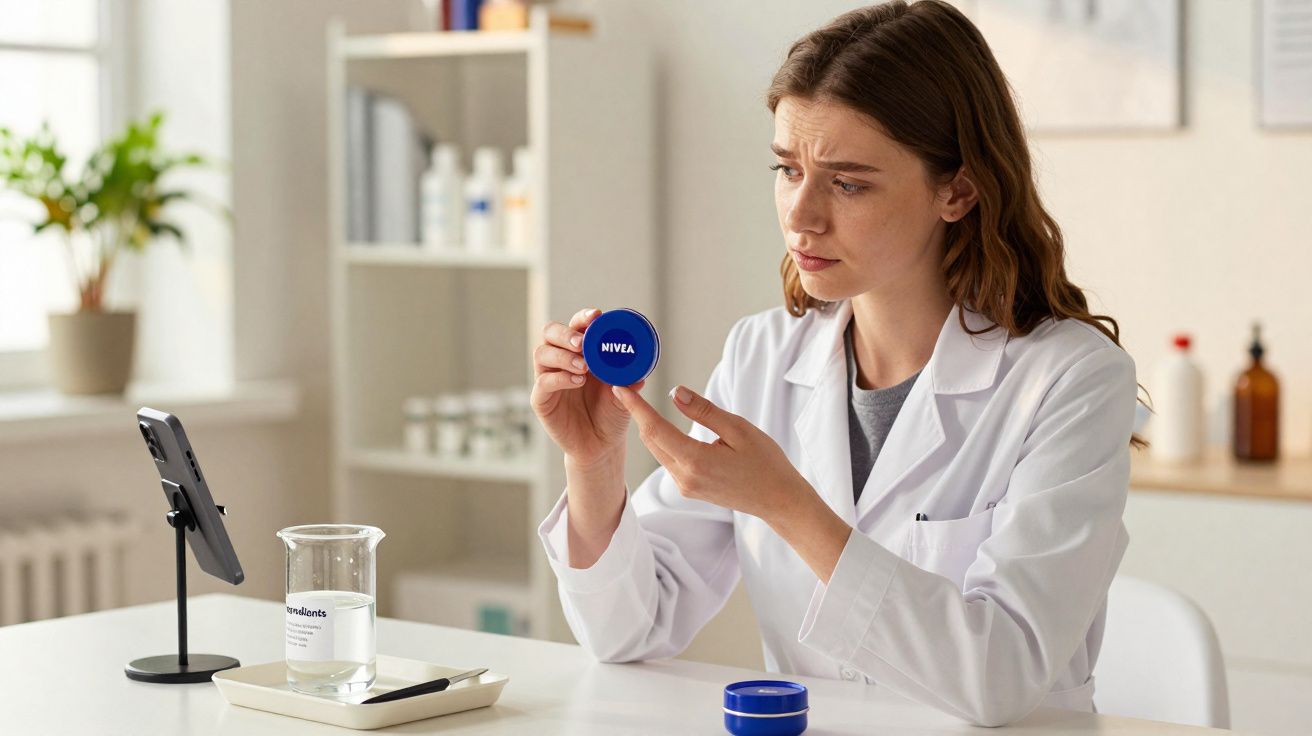 Mulher de jaleco segurando pote de creme Nivea em laboratório com expressão de dúvida.