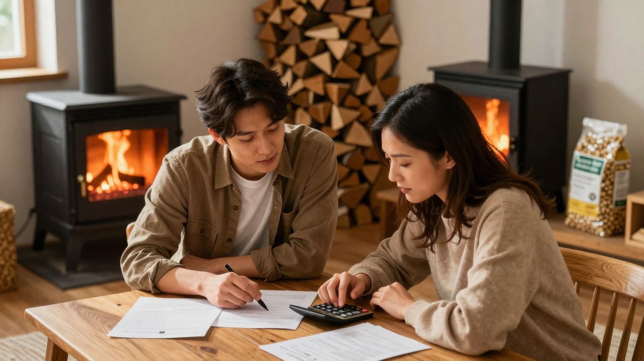 Casal jovem sentado à mesa calculando contas com documentos em casa com lareira acesa ao fundo.