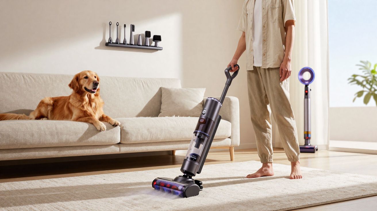 Pessoa usando aspirador vertical sem fio para limpar tapete em sala com cachorro dourado no sofá.